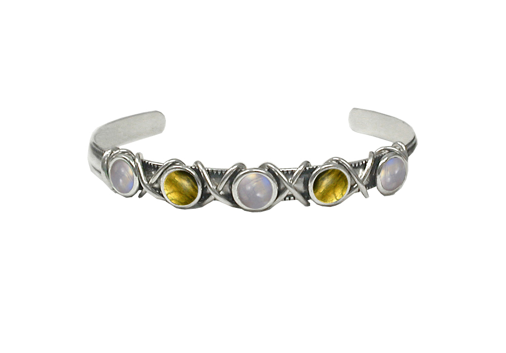 Sterling Silver Cuff Bracelet With Rainbow Moonstone And Citrine